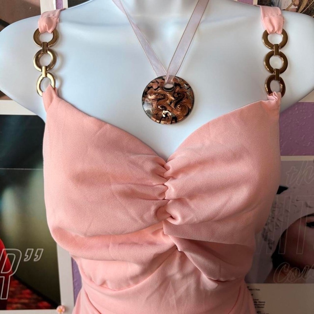 Pink Ruffle Gold Chain Sleeve Mini Dress - Picture 2 of 5